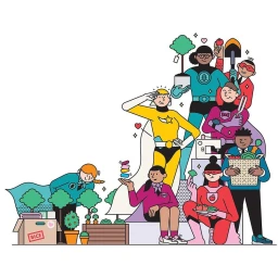 Digital illustration by Rami Niemi featuring a diverse group of superheroes in colorful costumes handling plants and tools.