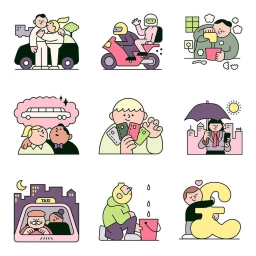 Grid of nine graphic illustrations featuring playful characters, vehicles, and objects in a pink, green, and cream palette.