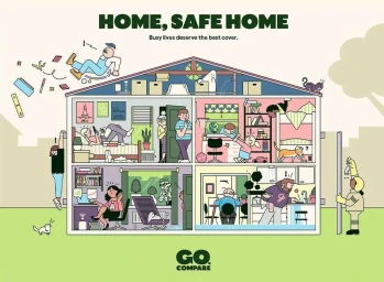 Illustrated cutaway of a house showing various humorous domestic accidents and mishaps drawn by Rami Niemi.