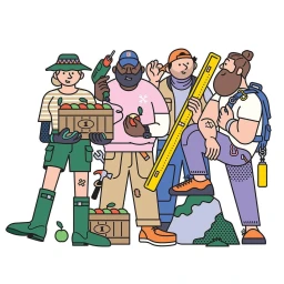 Digital illustration of four diverse DIY workers holding tools and crates of apples against a white background by Rami Niemi.