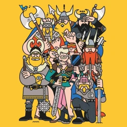 Colorful illustration of multiple cartoon Viking characters with horned helmets, axes, and swords against a yellow background.