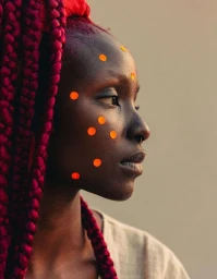 Profile portrait of a Black woman with long thick red braids and orange dot stickers on her face by Ramon Haindl