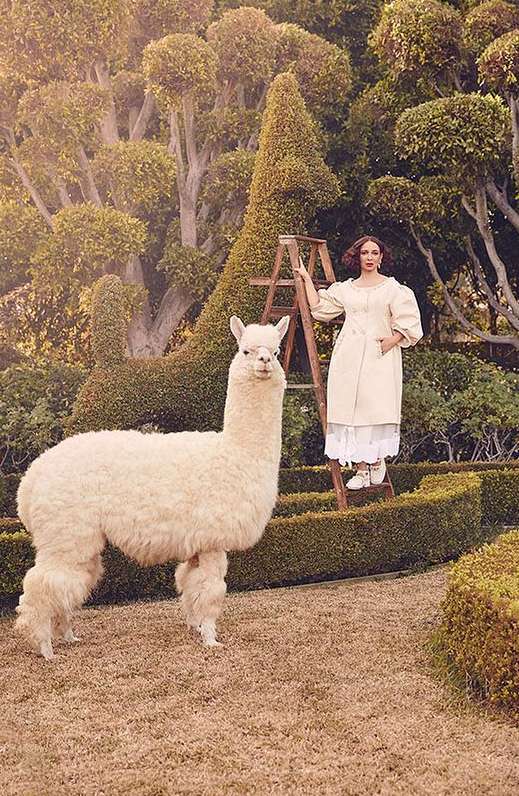 A woman stands on a ladder near an alpaca in a garden with shaped topiary trees on a sunny day, wearing a vintage dress and coat.