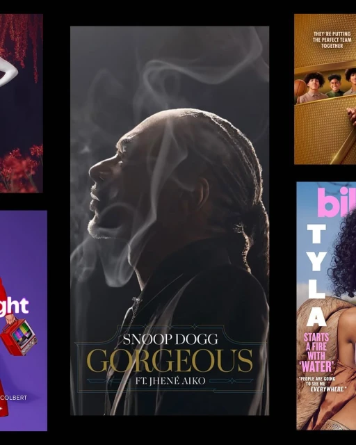 Snoop Dogg 'Gorgeous' album art with Jhené Aiko, featuring a profile of Snoop Dogg and text overlays on a dark grey backdrop.