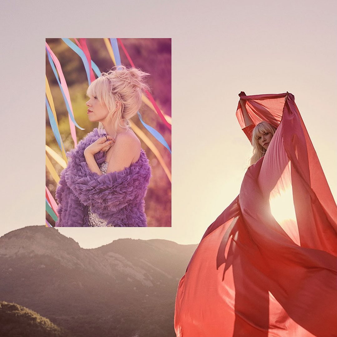 A split image of a woman with blond hair wearing colorful ribbons and a purple fur coat, with mountains in the background during golden hour.