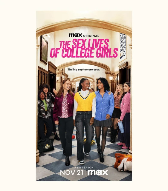 Movie poster for The Sex Lives of College Girls season 2 with five women in front of a college hallway with the show title at the top.
