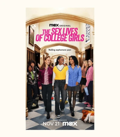 Movie poster for The Sex Lives of College Girls season 2 with five women in front of a college hallway with the show title at the top.