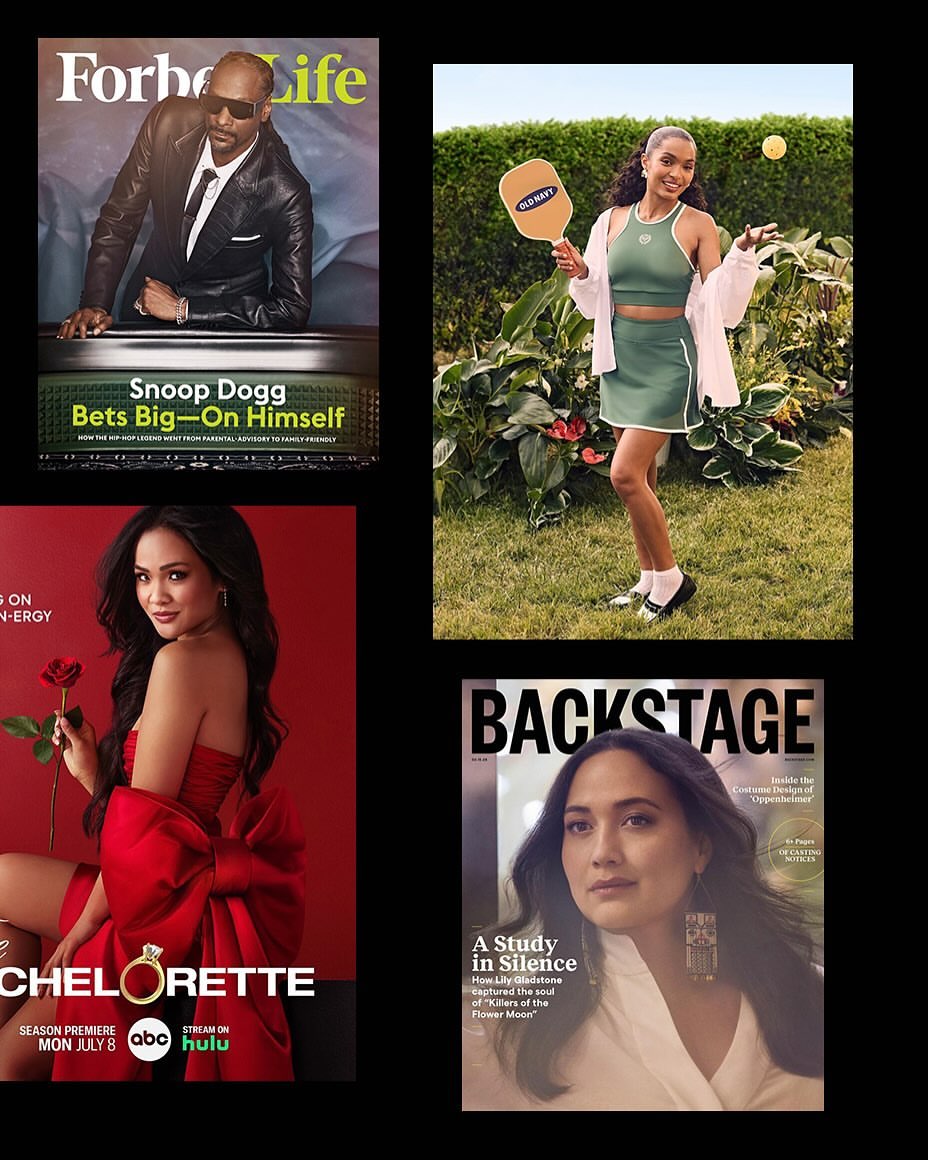 Collage of magazine covers featuring Snoop Dogg, Katie Thurston, professional tennis player, and Lily Gladstone.