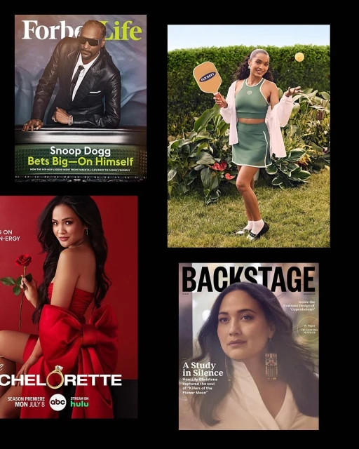 Collage of magazine covers featuring Snoop Dogg, Katie Thurston, professional tennis player, and Lily Gladstone.