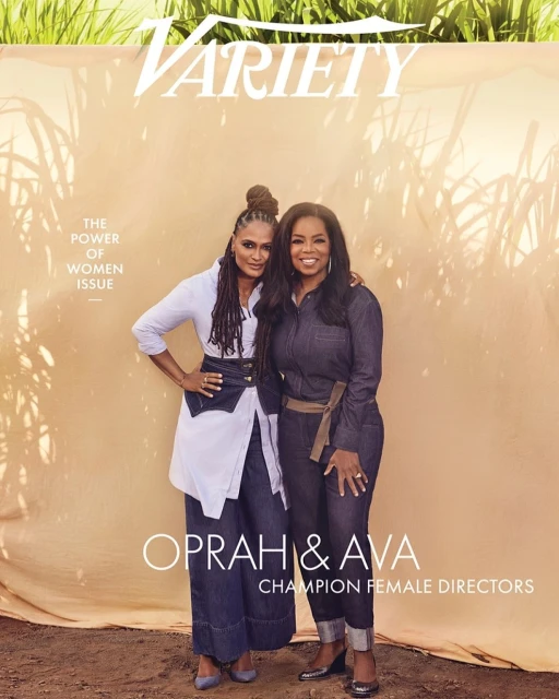 Variety magazine cover featuring Oprah Winfrey and Ava DuVernay, champion female directors, posing outdoors with greenery in the background.