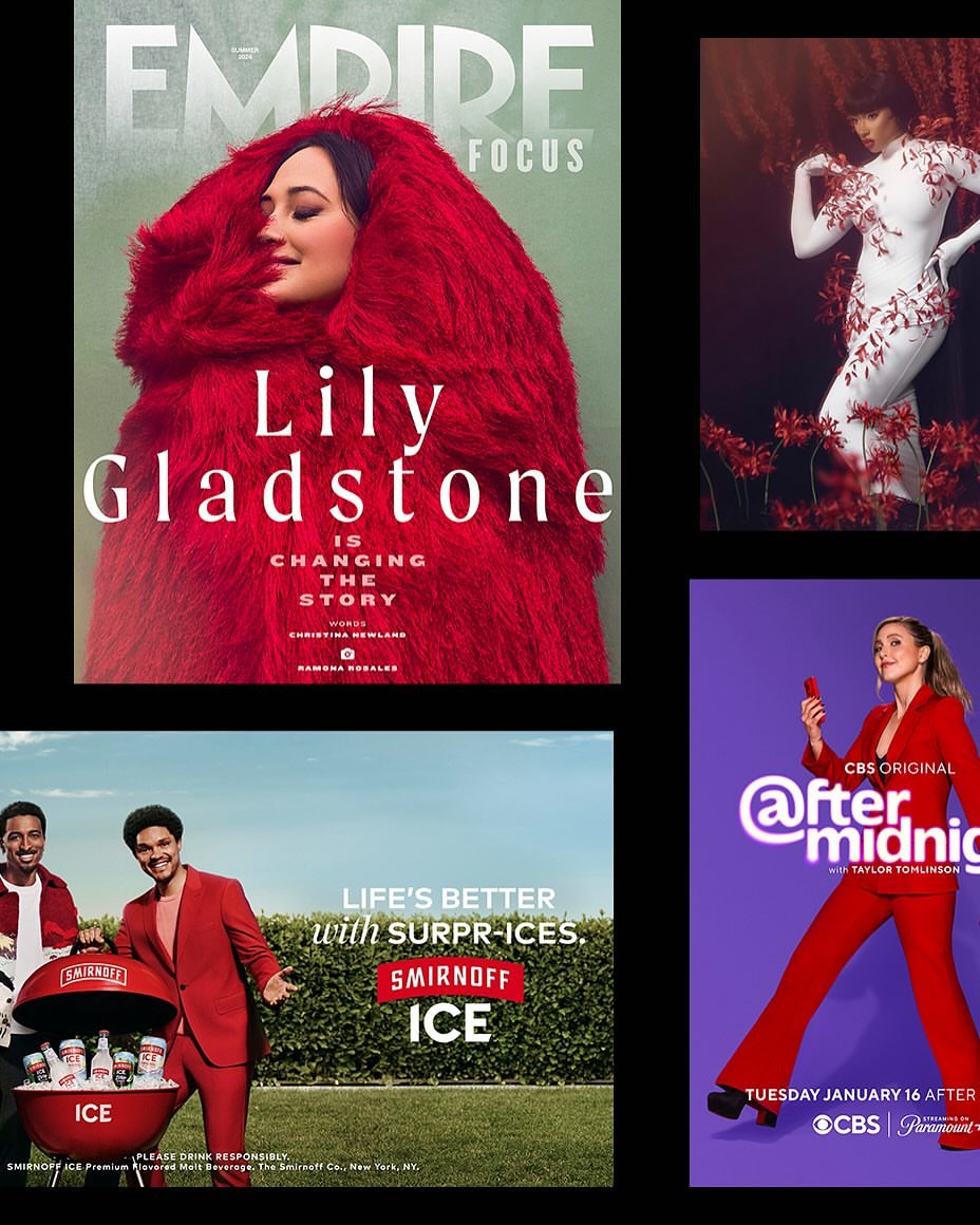 Collage of four media images: Empire magazine cover with Lily Gladstone, fashion pose with red flowers, Smirnoff Ice ad, and @fter Midnight TV show ad.