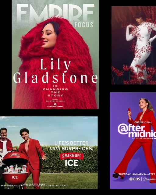 Collage of four media images: Empire magazine cover with Lily Gladstone, fashion pose with red flowers, Smirnoff Ice ad, and @fter Midnight TV show ad.
