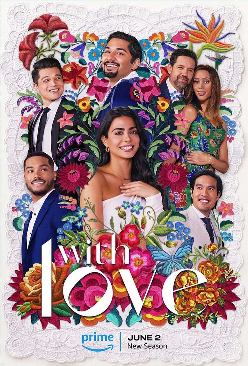 Promotional poster for 'With Love' features smiling cast members surrounded by embroidered floral patterns, promoting the show's second season.