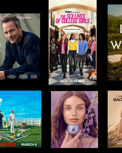 Multiple magazine and streaming service advertisements featuring various subjects like actors, models, and television show posters.