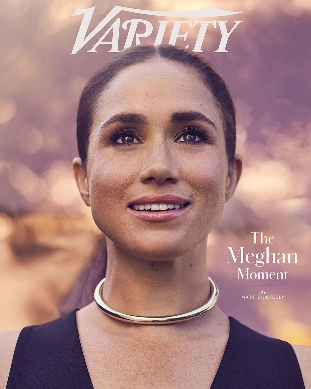 Variety magazine cover featuring Meghan Markle in a close-up portrait, adorned with a gold choker against a soft-focus background.