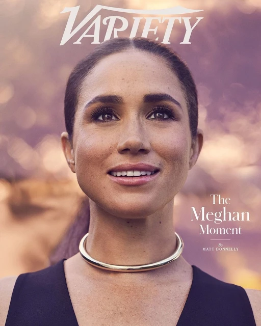 Variety magazine cover featuring Meghan Markle in a close-up portrait, adorned with a gold choker against a soft-focus background.