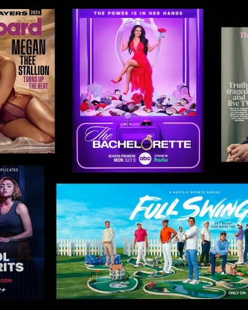 Collage of magazine and streaming media covers: Megan Thee Stallion on Billboard, The Bachelorette, School Spirits, Full Swing.