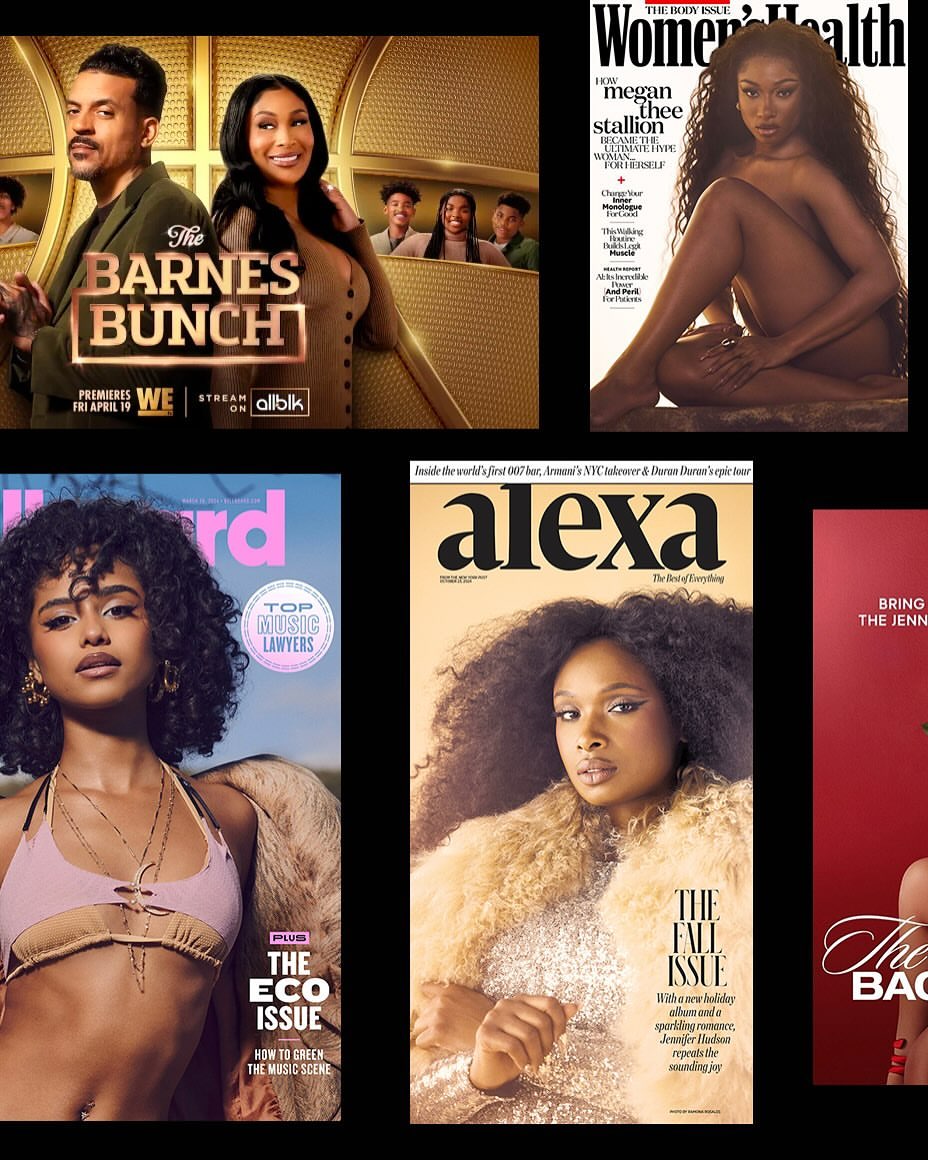 Magazine covers featuring celebrities like Megan Thee Stallion, Jennifer Hudson, and the cast of The Barnes Bunch on display.