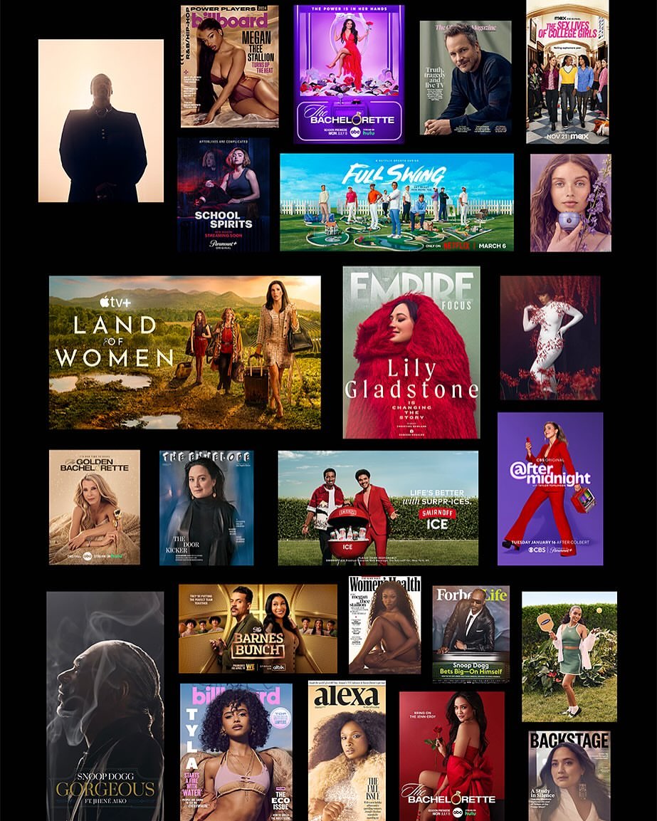 Collection of magazine covers and promotional posters featuring various celebrities and television show advertisements.