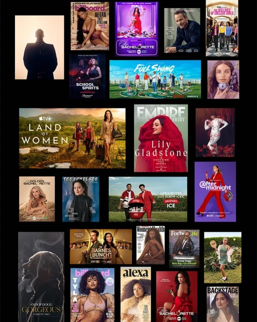 Collection of magazine covers and promotional posters featuring various celebrities and television show advertisements.