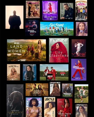 Collection of magazine covers and promotional posters featuring various celebrities and television show advertisements.