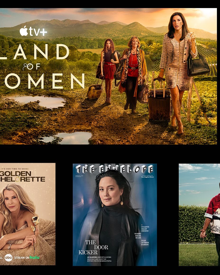 Apple TV+ Land of Women TV series advertisement featuring three adult women walking in an outdoor, rural environment.