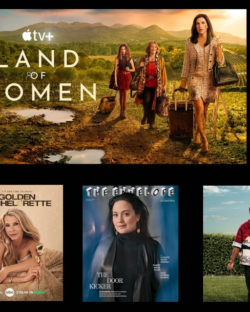 Apple TV+ Land of Women TV series advertisement featuring three adult women walking in an outdoor, rural environment.