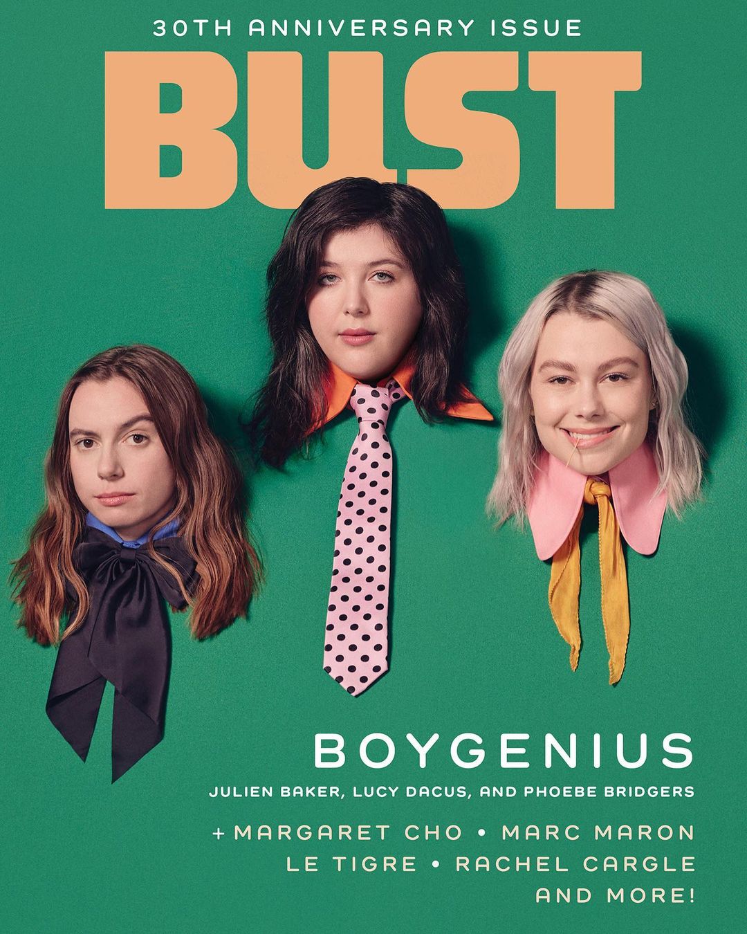 Bust Magazine 30th Anniversary Issue cover features Boygenius members Julien Baker, Lucy Dacus, and Phoebe Bridgers on a green backdrop.