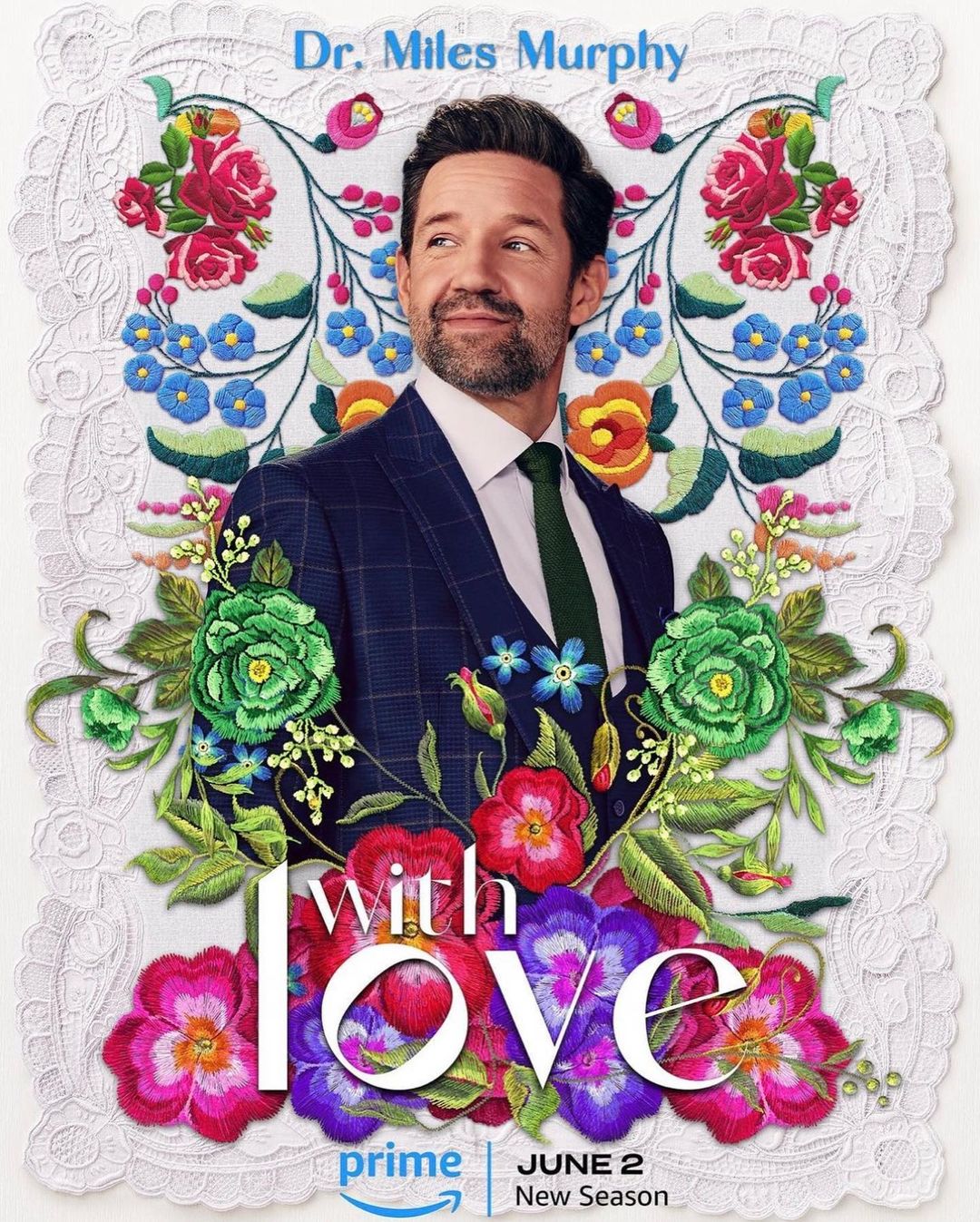 Promotional poster for the TV series 'With Love' featuring a smiling man in a suit surrounded by embroidered flowers and decorative trim.