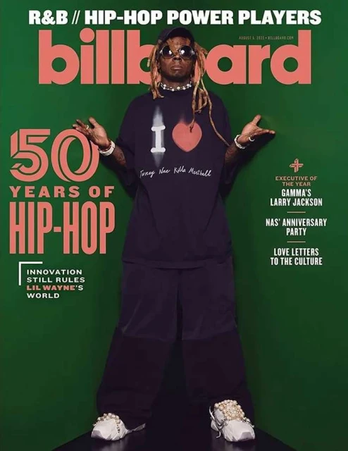 Billboard magazine cover featuring Lil Wayne standing in front of a green backdrop, celebrating 50 years of hip-hop music.