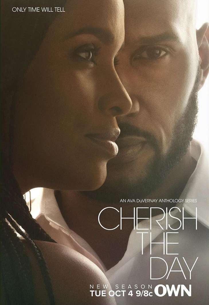 Film poster featuring an African American couple in close-up, bathed in soft light; the title 'Cherish the Day' is visible below.
