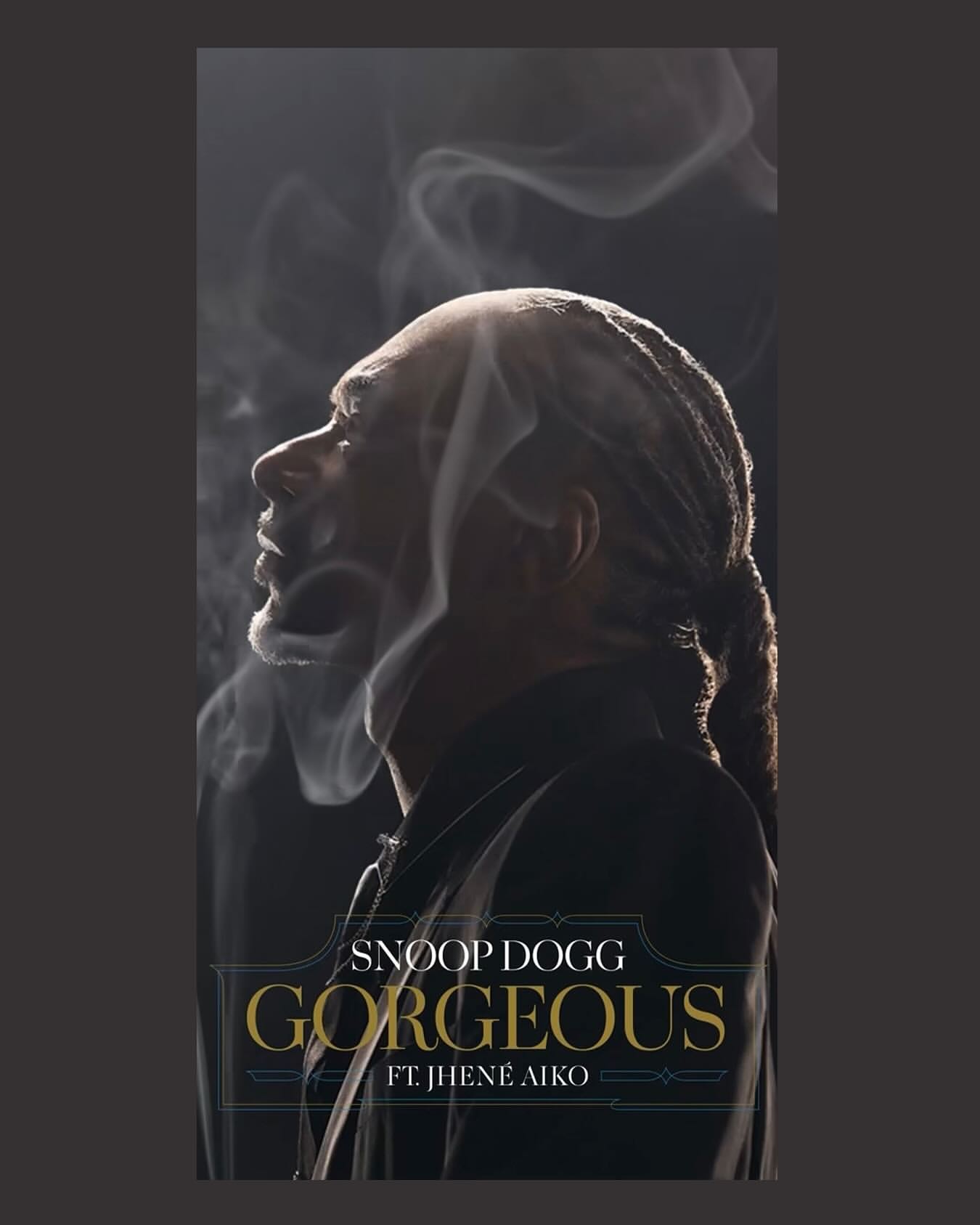 Snoop Dogg headshot in profile against a smoky backdrop with the title 'Gorgeous ft. Jhené Aiko' on a vertical album cover.