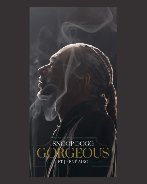 Snoop Dogg headshot in profile against a smoky backdrop with the title 'Gorgeous ft. Jhené Aiko' on a vertical album cover.
