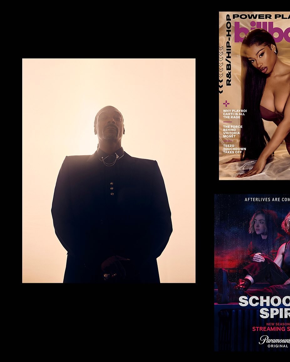 Collage features a man in a suit, billboard magazine cover with a woman, and a School Spirits poster against a black backdrop.