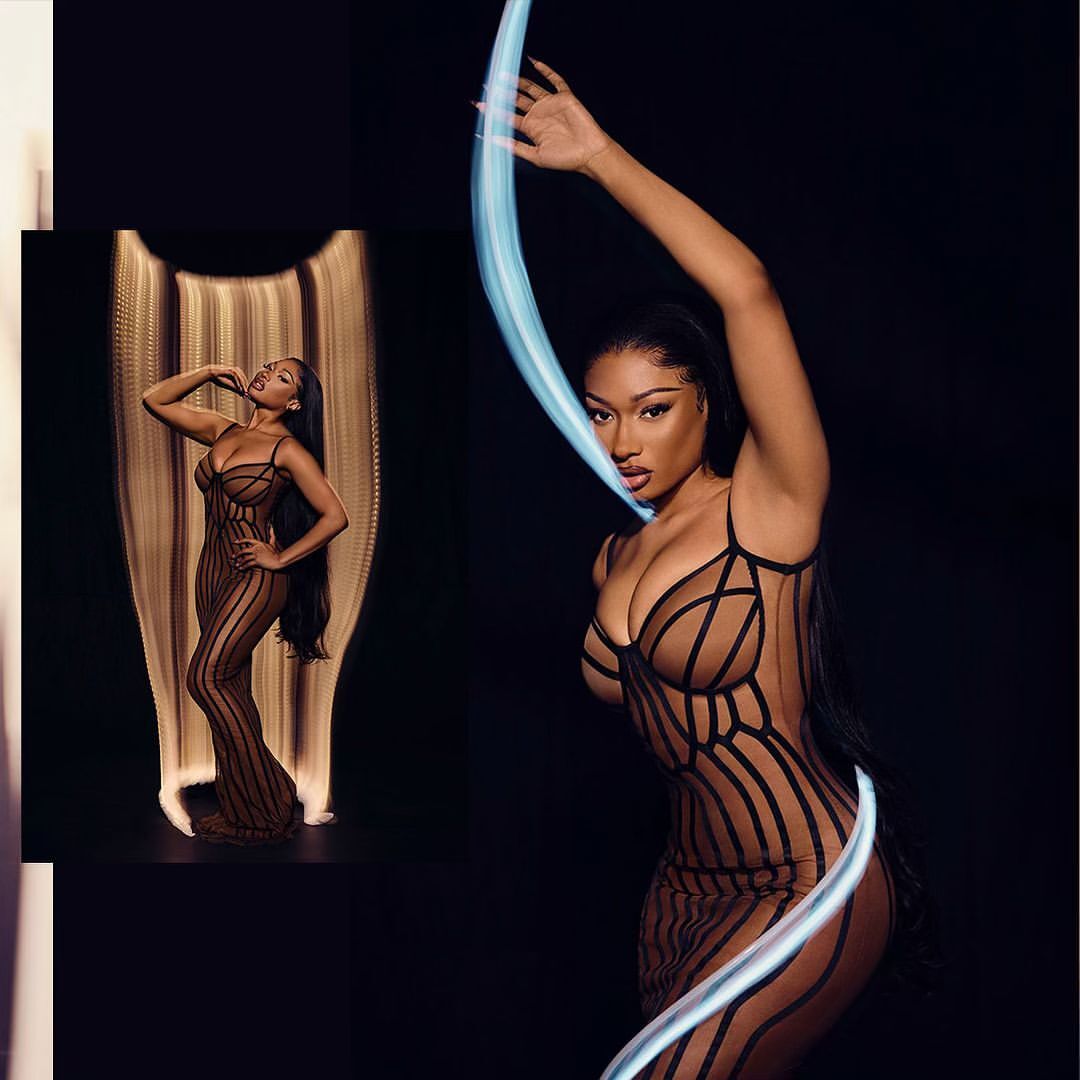 A woman in a bodycon dress poses in a studio with light painting. Another similar image of the woman is blurred in the background.