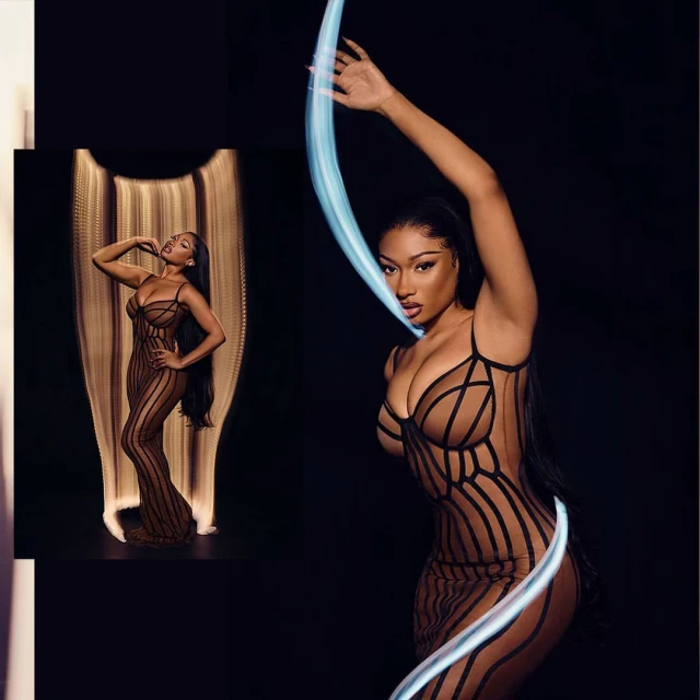 A woman in a bodycon dress poses in a studio with light painting. Another similar image of the woman is blurred in the background.