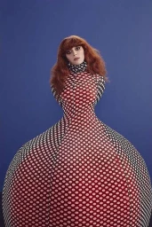 Red-haired woman wearing a structural polka dot dress with an exaggerated bulbous skirt against a solid blue background.