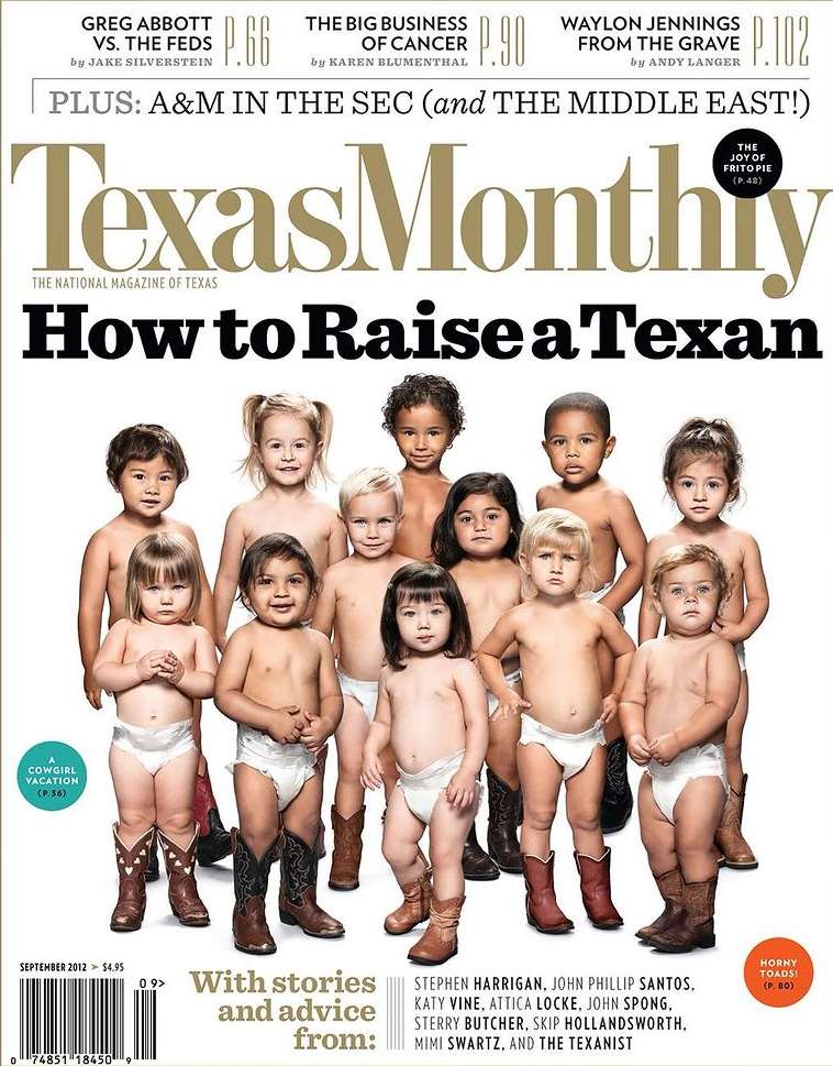 Magazine cover featuring a group of diverse children wearing diapers and cowboy boots, lined up against a neutral background.