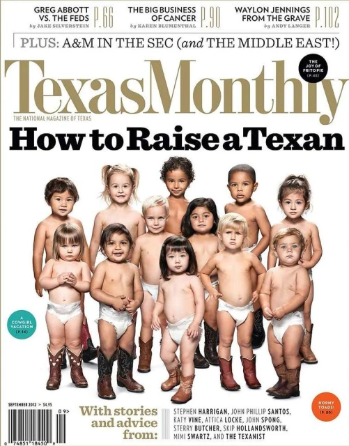 Magazine cover featuring a group of diverse children wearing diapers and cowboy boots, lined up against a neutral background.