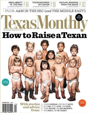 Magazine cover featuring a group of diverse children wearing diapers and cowboy boots, lined up against a neutral background.