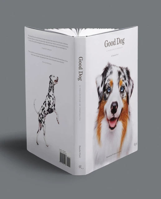 Book cover features dog portraits, showcasing an Australian Shepherd on the front and a Dalmatian on the back, set against a gray backdrop.