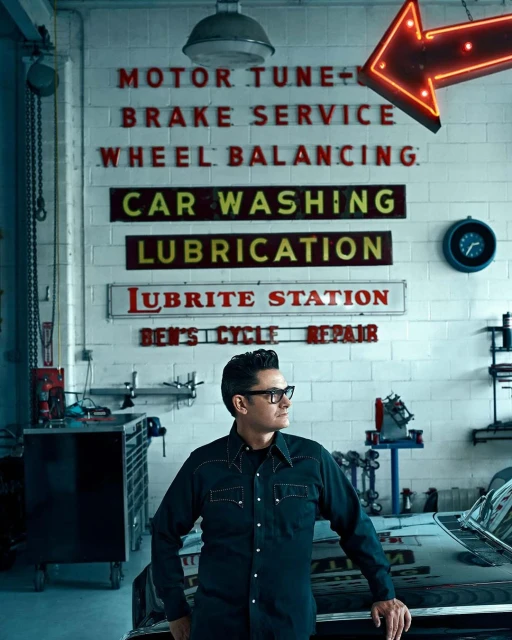 Man with glasses in black work shirt poses in an auto shop with vintage signs and a neon arrow, indoor car service backdrop.