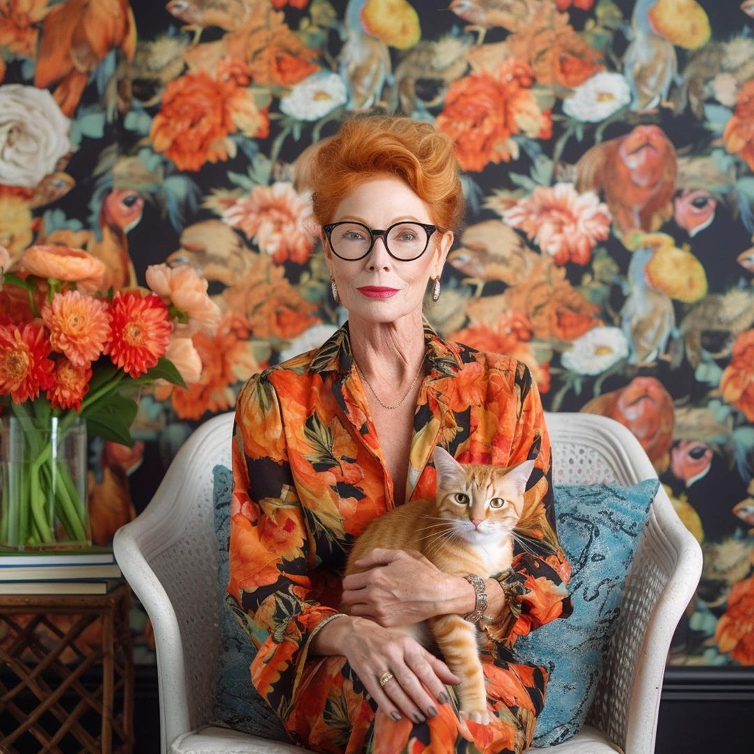 Portrait of a mature woman with orange hair, glasses, and patterned orange dress sitting in a chair and holding a ginger cat.