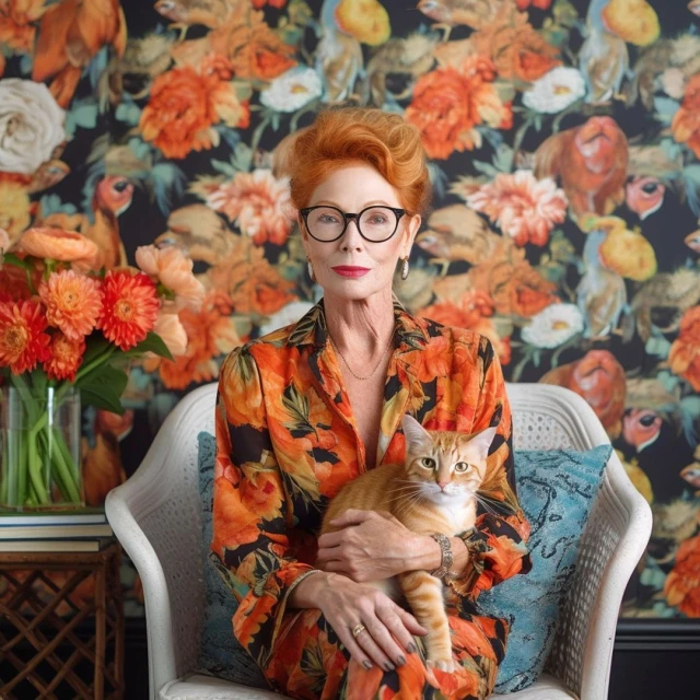 Portrait of a mature woman with orange hair, glasses, and patterned orange dress sitting in a chair and holding a ginger cat.