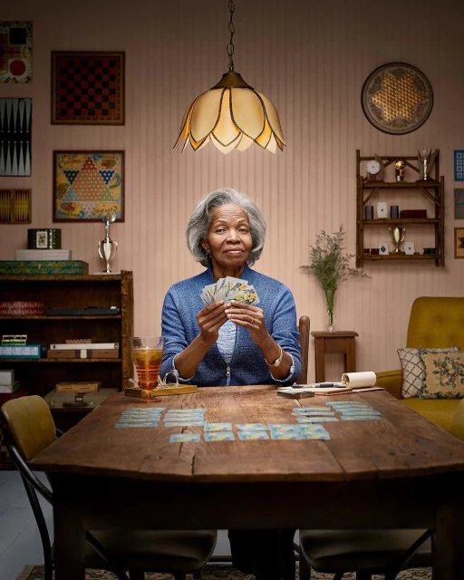 Elderly African-American woman playing cards at a wooden table indoors under warm lighting with game boards decorating the wall.