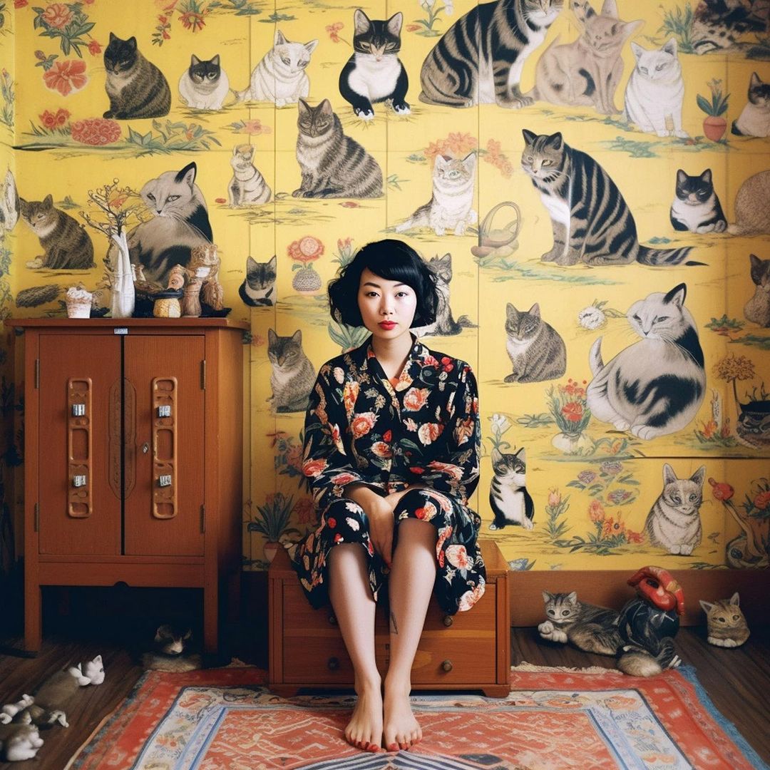 Asian woman in floral dress sitting on wooden chest with cat wallpaper and rug creating a playful and whimsical indoor portrait.