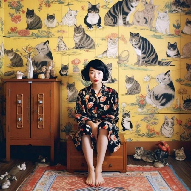 Asian woman in floral dress sitting on wooden chest with cat wallpaper and rug creating a playful and whimsical indoor portrait.