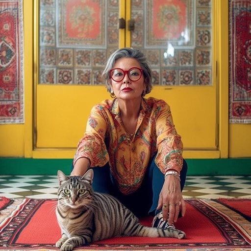 An adult woman with short grey hair and red glasses poses with a tabby cat on a red rug indoors with a yellow door in the background.