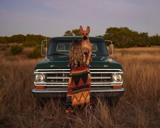 Woman holding a dog in front of a vintage green pickup truck parked in an open grassy field at sunset.