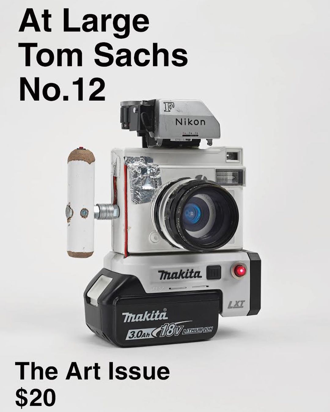 Close-up of a custom camera constructed from a camera body, a Nikon component, a Makita battery pack and a white pipe, set against a white background.